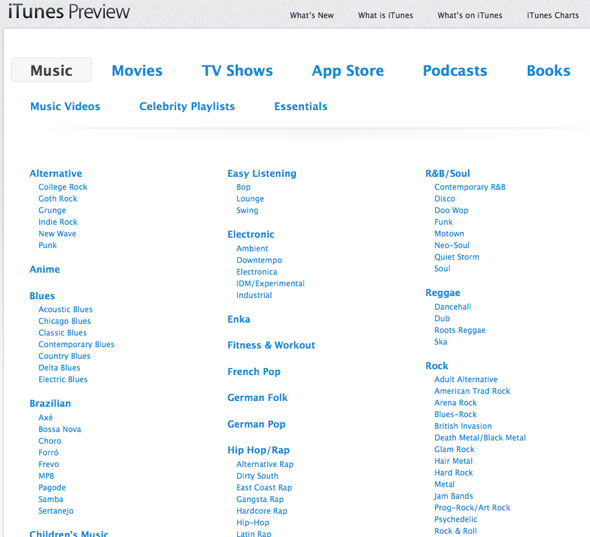 iTunes genres itunes.apple.com screenshot Jan 2012